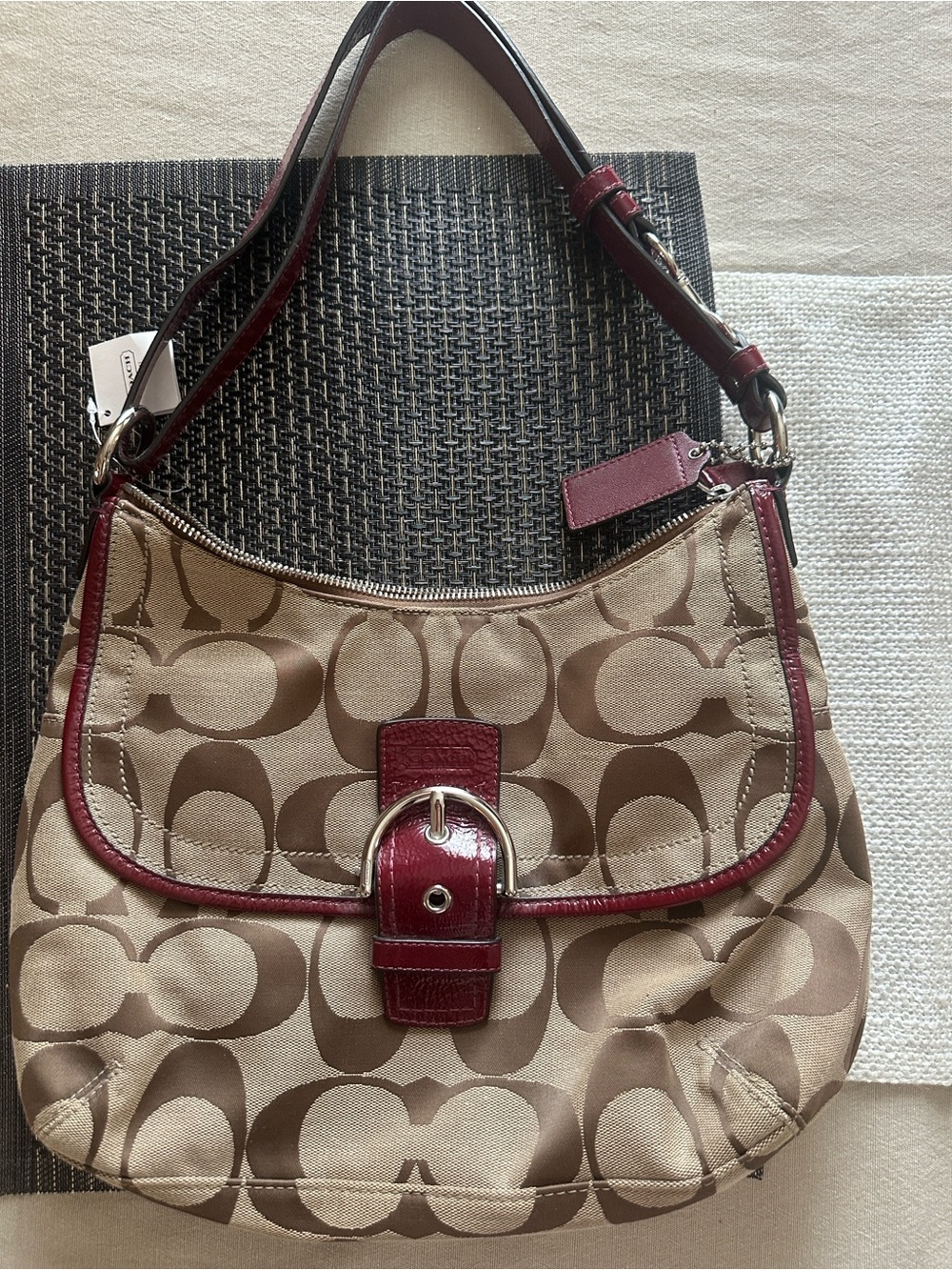 Coach Khaki Signature Canvas Shoulder Bag with Burgundy Trim